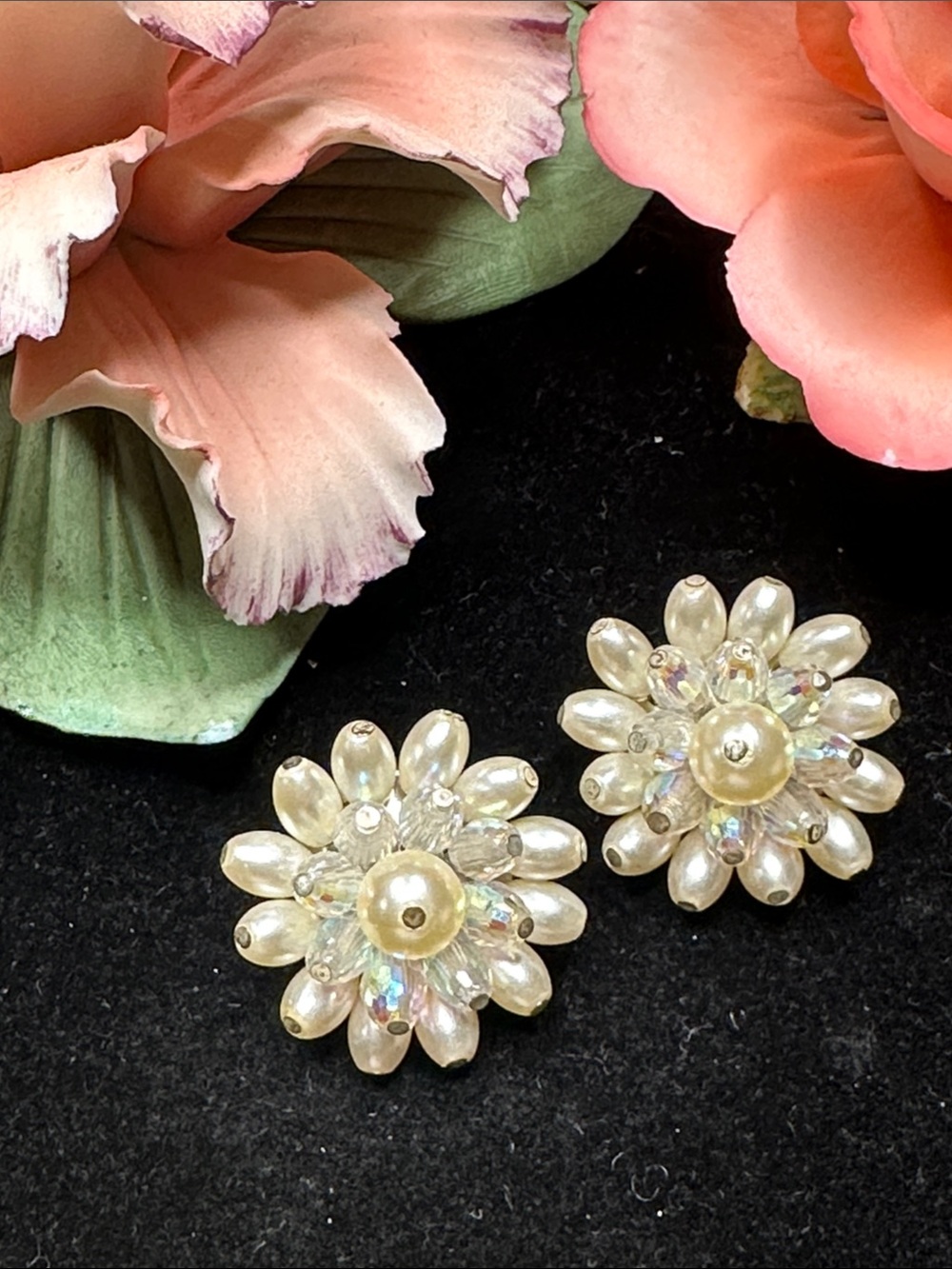 LAGUNA signed Pearl & Crystal Flower Cluster Clip-On Earrings - Ivory